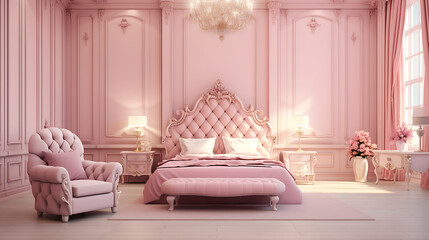 Clean big queen luxurious bedroom with pink aesthetic, background