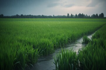 Spring Rain Serenity: Lush Rice Field Bathed in Heavy Showers. Seasonal Elegance