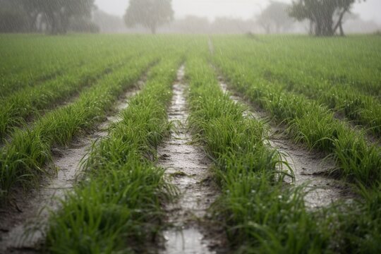 Spring Rain Serenity: Lush Rice Field Bathed in Heavy Showers. Seasonal Elegance
