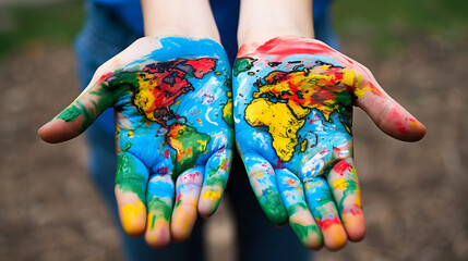 A colorful world map painted on both palms - obrazy, fototapety, plakaty
