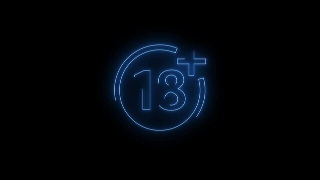 Video footage of Blue glowing 18 plus neon icon. Looped Neon Lines abstract on black background. Futuristic laser background. Seamless loop. 4k video