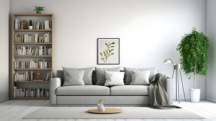 Create an image In a room with a pristine white background, a sleek grey couch takes center stage. A vibrant flower plant graces one side, adding a touch of nature
