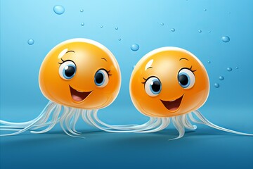 Naklejka premium Two funny smiling fantasy jellyfish on blue solid background, colorful abstract 3d