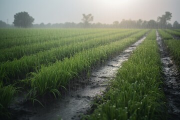 rows of rice in the field
