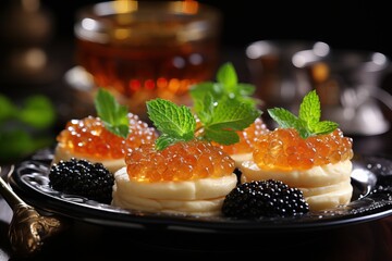 Exquisite serving of caviar on blini with fresh herbs, accompanied by a glass of amber liquor