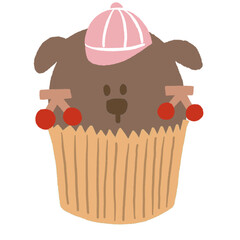 a brown dog with red cherry and pink hat on birthday cupcake, birthday illustration 