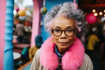 A fashionable elderly woman with gray hair and pink fur collar smiles in a lively market - Powered by Adobe