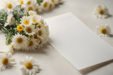 Obraz premium A romantic concept with white daisies and white note paper
