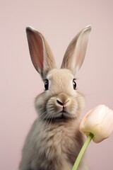 A charming bunny holding a tulip, pink backdrop