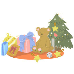 a teddy bear with presents and Christmas ball Christmas day party , clipart for card decoration.