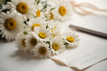 A romantic concept with white daisies and white note paper