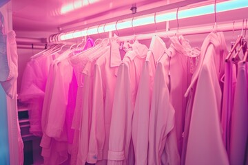 Pink things are hanging on a hanger in the closet