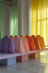 A row of brightly colored shirts arranged on pastel blocks