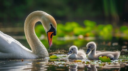 a swan and her children on the water 