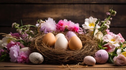 Obraz na płótnie Canvas A bunch of eggs sitting on top of a bunch of flowers. Rustic Easter background