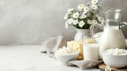 An assortment of dairy products on a light table, various types of cheeses and cottage cheese - obrazy, fototapety, plakaty