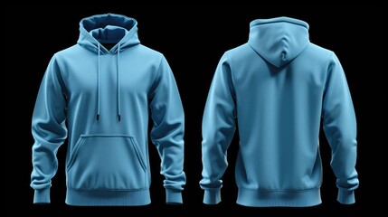 Blue hoodie, front and back view on black background