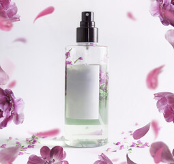 Natural pink flowers perfume spray bottle with branding mock up on white background with flying...