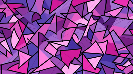 A pink and purple abstract pattern with triangles and squares, in the style of irregular curvilinear forms, puzzle-like pieces, bold, cartoonish lines, bold colors, strong lines, zigzags, matte backgr