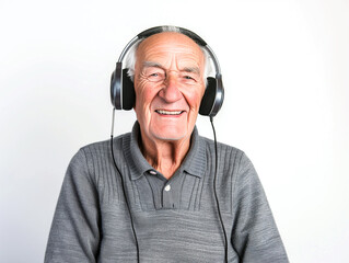 Elderly man using technology by wearing headphones and listening to music