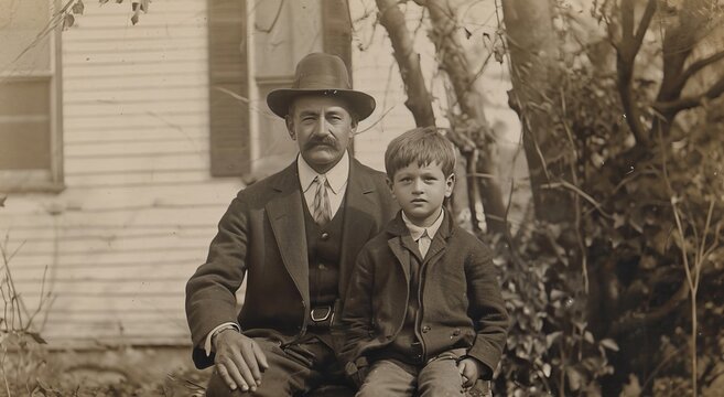 Old sepia vintage photo of a father and  his little son 