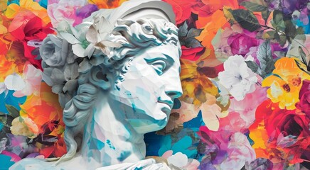 Collage with antique female sculpture and colourful different elements design 