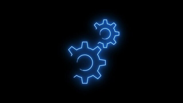 Video footage of Blue glowing Settings neon icon. Looped Neon Lines abstract on black background. Futuristic laser background. Seamless loop. 4k video