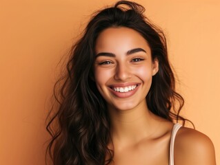 Radiant Brunette Woman with a Glowing Smile. Generative AI.