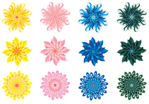 3 types of flowers heraldic style decorative design illustration. Ver.1 (Yellow,pink,blue,green vector color set)