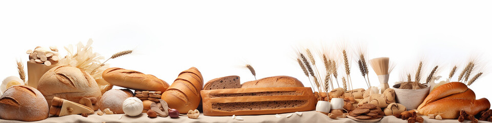 bread and various rolls isolated on a white background composition is a long narrow panorama of the top of the site. - obrazy, fototapety, plakaty