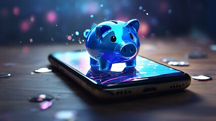 hologram piggy bank on handphone meaning investment and saving in mobile phone concept