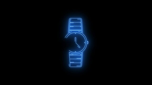 Video footage of Blue glowing Women Wrist watch neon icon. Looped Neon Lines abstract on black background. Futuristic laser background. Seamless loop. 4k video
