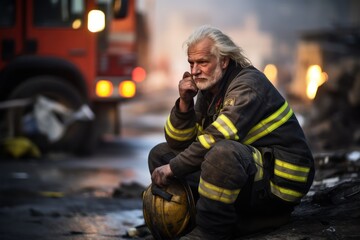 Fototapeta premium Dirty and tired, a seasoned senior firefighter takes a moment of respite.