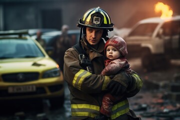 Dramatic rescue: Fireman saves an infant from the flames - obrazy, fototapety, plakaty