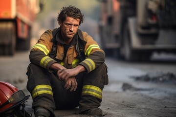 Hardworking hero: a fireman in need of rest post-firefight.After fight with fire concept.