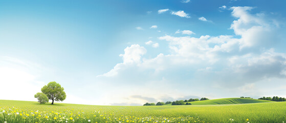 Ultra-wide tranquil meadow, serene beauty of spring, bathed in the warmth of sunlight, copy space