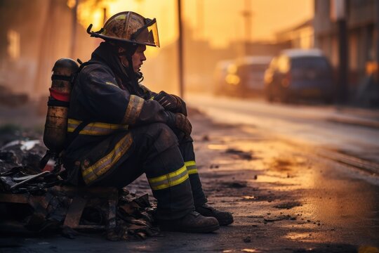 First responder fatigue: a dirty and saddened firefighter.