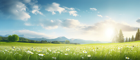 Fototapeta premium Ultra-wide tranquil meadow, serene beauty of spring, bathed in the warmth of sunlight, copy space