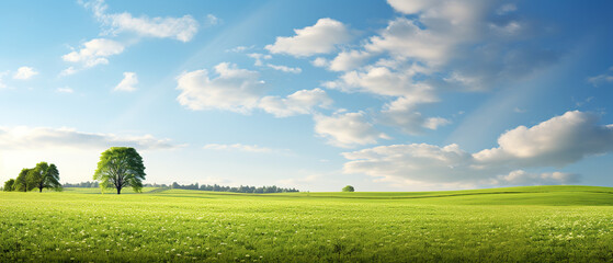 Ultra-wide tranquil meadow, serene beauty of spring, bathed in the warmth of sunlight, copy space