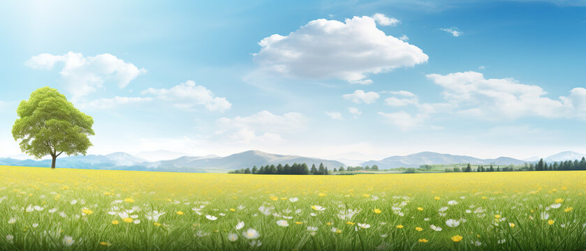 Ultra-wide tranquil meadow, serene beauty of spring, bathed in the warmth of sunlight, copy space © Beastly