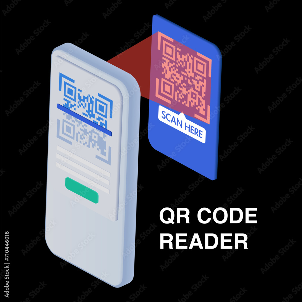 Poster scanning qr code through a smartphone on a paper. qr code verification. 3d cartoon smartphone scans 