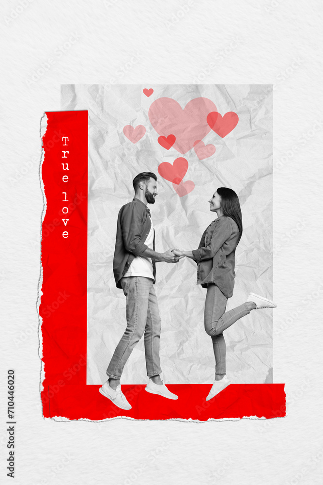 Poster vertical collage image of cheerful soulmates jump hold arms true love painted heart symbols isolated