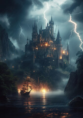 castle besides a lake with a pirate ship on it, black stone, impressive fantasy architecture, very...