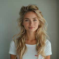 Photography for photo banks. Portrait of a young blonde woman in a white T-shirt on a white background. Her long hair is curled as if in curlers