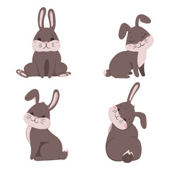 Set of cute rabbit illustrations in various poses. Cheerful cartoon rabbit. Vector illustration