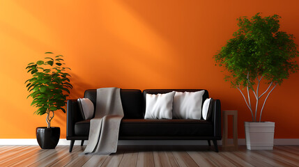 high quality image of home interior with bright paint and one plant in it having WPC wooden works with orange and white theme black sofa in it classic feel