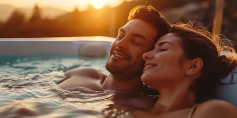 Foto op Plexiglas Verliebetes Paar sitzt im Whirlpool und genießt den Moment © stockmotion