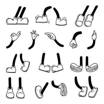 Retro cartoon legs, arms gestures and hands poses. Animation body parts vector set
