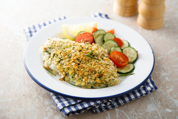 White fish fillet with garlic crumbs and rosemary