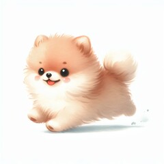 Fototapeta premium Pomeranian dog running on white background, watercolor style, illustration, Generative, AI